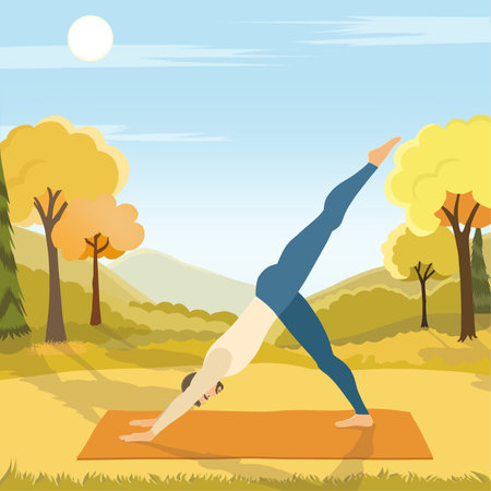 Man is doing yoga in Eka Pada Adho Mukha Svanasana or one-legged downward facing dog pose at natureのイラスト素材