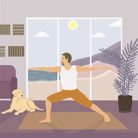 Fit man standing in Warrior II or Virabhadrasana II posture at homeのイラスト素材