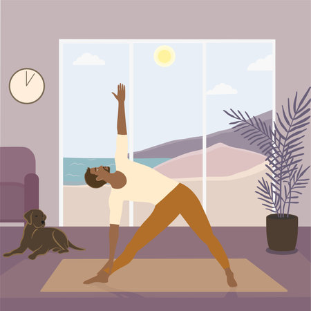 Sportive Afro-American man standing in Utthita Trikonasana or Extended Triangle Pose, doing yoga at home with a dog staring at himのイラスト素材