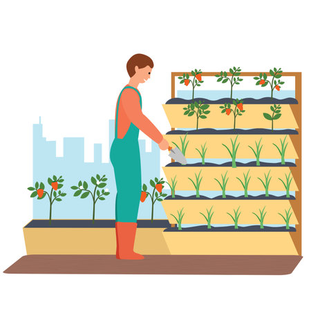 A man working on the rooftop in the urban garden.のイラスト素材