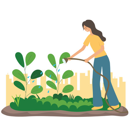 The woman is watering plants in the city garden, and farming in Urban Garden.のイラスト素材