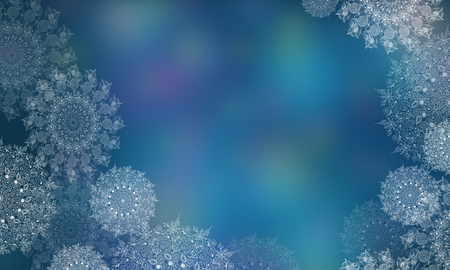 Blue Background with transparent snowflakes for Christmas and New year. Illustrations of snowflakes for a backdrop. Copy space Happy New year, Christmas decoration, lace of snowflakesの写真素材