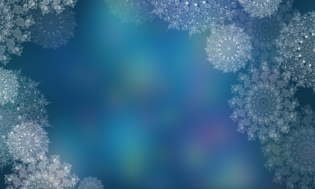 Blurred Background with transparent snowflakes for Christmas and New year. Illustrations of snowflakes on a blue backdrop. Copy space Happy New year, Christmas decoration, lace of snowflakesの写真素材