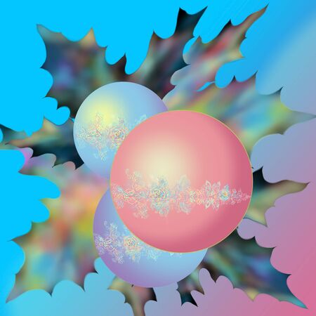 Christmas balls with fir branches and holly. Spheres shining with a holly branch for a holiday. Happy New Year card. Christmas balls with the flower and openwork image. Background rainbow. Merry Christmasの写真素材