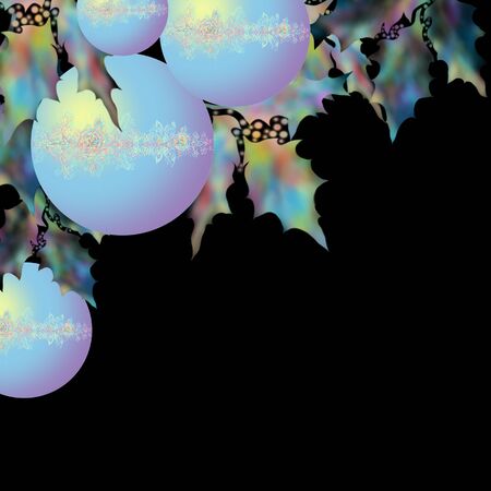 Christmas balls with fir branches and holly berries. Spheres shining with a holly branch for a holiday. Happy New Year card. Balls blue with the flower and openwork image. Background dark and black. Merry Christmasの写真素材