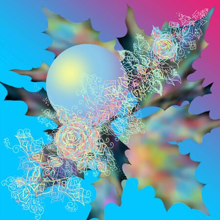 Christmas balls with fir branches and holly. Spheres shining with a holly branch for a holiday. Happy New Year card. Christmas balls with the flower and openwork image. Background rainbow. Merry Christmasの写真素材