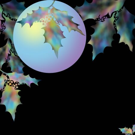 Christmas balls with fir branches and holly berries. Spheres shining with a holly branch for a holiday. Happy New Year card. Balls blue with the flower and openwork image. Background dark and black. Merry Christmasの写真素材
