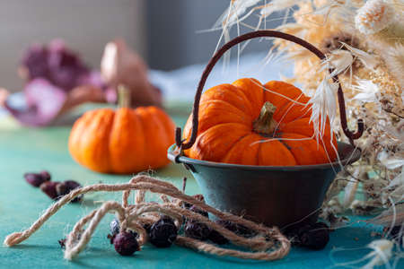Orange pumpkin in a copper bucket and dried berries with rope and dry white herbs on a blue wooden surface.の写真素材