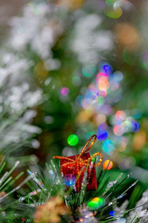 Christmas background with pine branch and beautiful colored shiny bokeh. Red box. New Years holiday. Shallow depth of field.の写真素材
