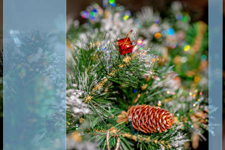 Christmas background with pine branch and beautiful colored shiny bokeh. Pine cone. Mock-up New Years. Shallow depth of field.の写真素材
