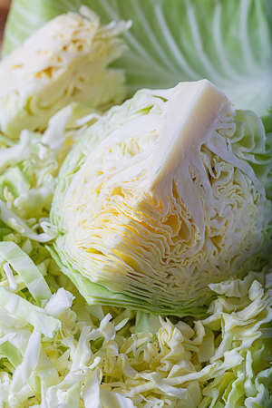 Top view of a piece of fresh raw white green cabbage on the surface. Vegetarian healthy tasty food. Shallow depth of field.の写真素材