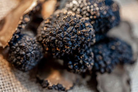 Truffles of Saint John on a beige burlap. Sliced mushrooms.Black raw champignons. Top view. Shallow depth of field.の写真素材