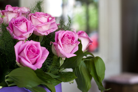 Pink roses close-up. A bouquet of pink roses in a beautiful packing box. Delicate pink roses in a lilac box.の写真素材