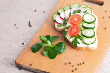 Vegan sandwiches with homemade curd cream with herbs, with radishes, cucumbers and tomatoes. On wooden cutting board.の写真素材
