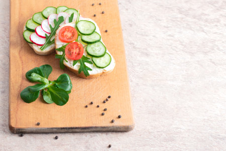 Vegan sandwiches with homemade curd cream with herbs, with radishes, cucumbers and tomatoes. On wooden cutting board.の写真素材