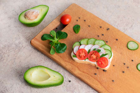 Vegan sandwiches with homemade curd cream with herbs, with radishes, cucumbers, avocado and...
