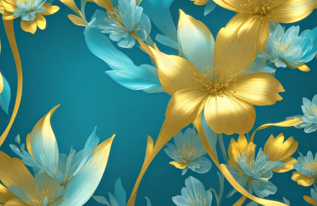 Turquoise aquamarine abstract background with gold flowers. Golden flowers on a turquoise abstract background. Generative AIの素材