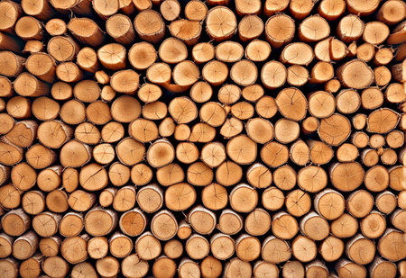Cut wood texture background. Wooden log background. Chopped logs, firewood prepared for the winter. Close-up. Generative AIの素材