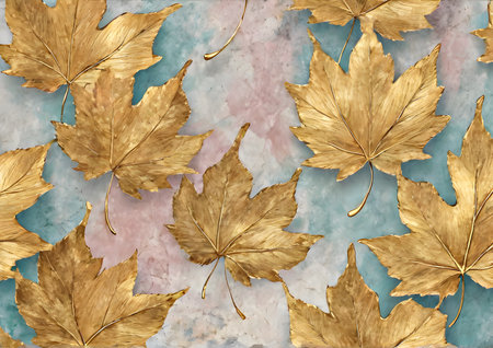 Close up of golden leaves pattern on abstract old concrete background. Watercolor illustration of 3D golden leaves on a blue background. Generative AIの素材