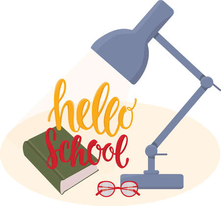 hello school sign with cartoon illustration lamp, glasses, book. Back to school collection. Vector stock illustration isolated on white background. EPS10のイラスト素材