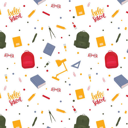 Hello school stationery pattern. Backpack, clip, glasses, pen, pencil, book, compass, lamp, notebook, sign - vector seamless for back to school print collection.のイラスト素材