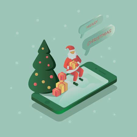 Christmas isometric illustration. Santa Claus delivering gifts, online presents to people, 3D Vector Santa throwing gifts into smart phone. Flat design icon template for sale, delivery.のイラスト素材