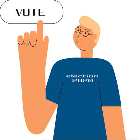 Online vote, Election 2020 - electronic poll. Man push button by hand.Flat vector stock illustartion isolated on white background for web design.のイラスト素材