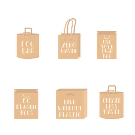 Eco guotes with paper bag, eco poster. Zero waste, no plastic bag, live without plastis, create less...