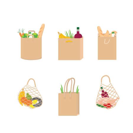 Paper bag with food, organic farm product set in recycle bag. Grocery delivery concept. Vector stock illustration isolated on white background.のイラスト素材