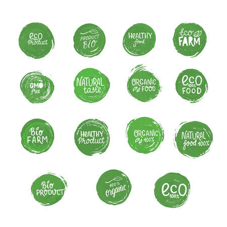 Healthy food label on brush strokes for organic, eco, natural product. Set vector stock illustration isolated on white background.のイラスト素材