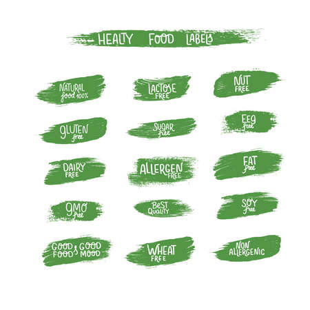 Healthy food label on brush strokes for organic, eco, natural product. Set vector stock illustration isolated on white background.のイラスト素材