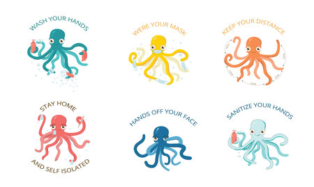 Coronavirus self care protection 2020 pandemy. Set of illustration - wash your hands, were your mask, keep distance, stay home and self isolated, hands off your face, sanitaze your hands.のイラスト素材