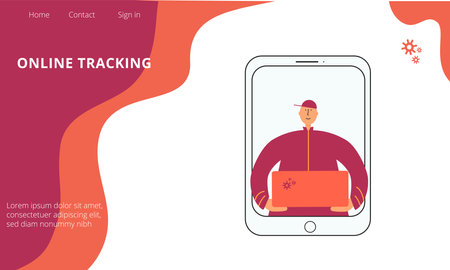 Online shopping and tracking landing page concept. Man with parcel and digital device. Vector stock flat illustration isolated on white background. Template for landing page design.のイラスト素材