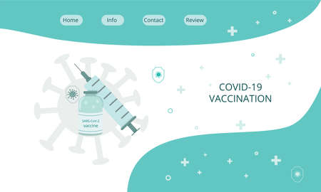 Sars-cov-2 injection. Covid-19, coronavirus people vaccination poster with syringe and bottle vaccine. Vector stock illustration isolated on white background for landing page, banner, web template.のイラスト素材
