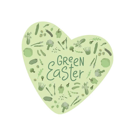 Green Easter sign with green vegetables frame. Handwritten lettering fresh font. No pattern. Vector...