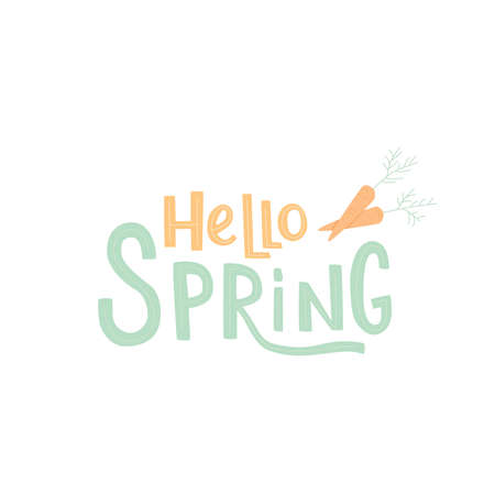 Hello spring handwritten sign, font in cottage core colors trend 2021. Vector stock illustration isolated on white background.のイラスト素材