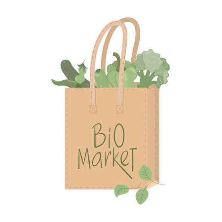 Bio markret sign on eco shopping paper bag with green vegetables flat illustration. Zero waste, plastic free, recycle concept. Vector stock illustration isolated on white background.のイラスト素材