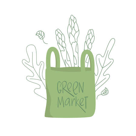 Green market sign on eco shopping paper bag with asparagus outline flat illustration. Zero waste, plastic free, bio market, recycle concept. Vector stock illustration isolated on white background.のイラスト素材