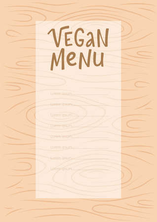 Vegan menu handwritten sign on hand drawing wood texture. Vector stock illustration for design template vegetarian restaurant.のイラスト素材