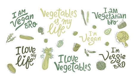 Vegetables lettering guotes set with hand drawing outline vegetables. I am vegan, veggie, vegetarian bro. Vector stock illustration isolated on white background. EPS10のイラスト素材