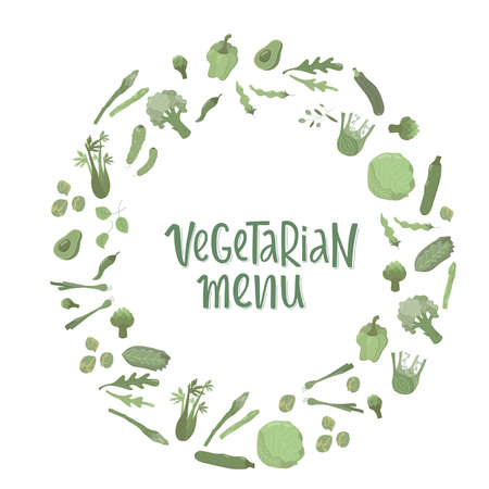 Vegetarian menu handwritten sign with green vegetables. Vector stock illustration for design template vegetarian restaurant.のイラスト素材