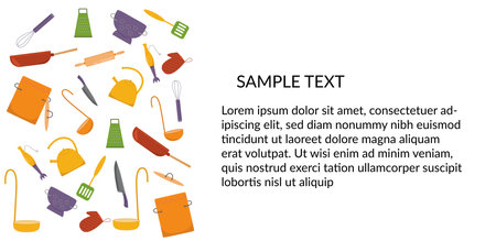 Banner with kitchen tools, kitchenware set. Vector stock illustration isolated on white background for web site online cooking course, class certificate, diploma.のイラスト素材