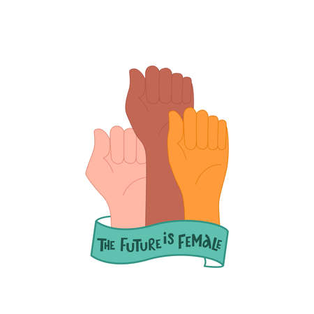 The future is female sign in three hands with ribbon. Handwritten lettering type, vector font with illustration isolated on white background for poster, banner, print industry.のイラスト素材