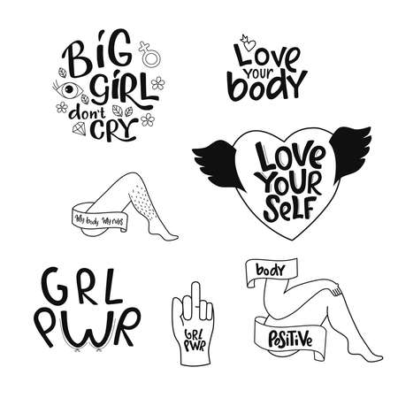 Feminist and girl power handwritten phrase slogan set. Lettering quotes, type, font isolated on white background for gender equality female activist poster, banner.のイラスト素材