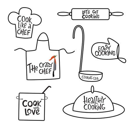 Cooking lettering sing set on kithenware, cookware. Handwriting quotes, vector stock illustration isolated on white background for kitchen poster, menu restaraunt, logo, funny badge, sticker.のイラスト素材