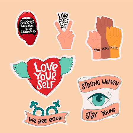Feminist and women empowerment,diversity stickers set. Handwritten phrase slogan. Lettering quotes, type, font isolated on white background for gender equality female activist poster, banner.のイラスト素材