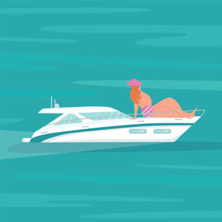 Modern speed yacht with body positive woman in ocean, sea. Summer vacation seaside concept. Vector stock illustration for advertisement beach party or travel agency, yachting club, marine.のイラスト素材