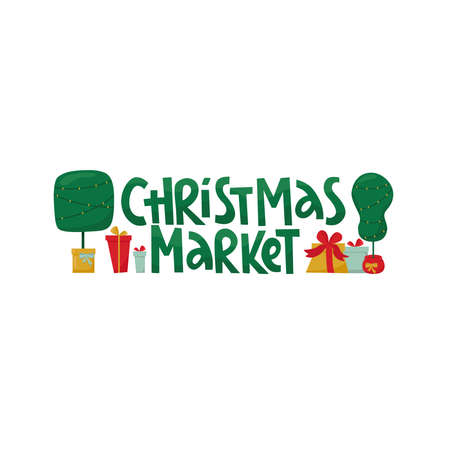 Christmas tree market lettering sign with Grinch tree and text place. Vector stock illustration isolated on white background for template design Christmas sale, greeting card, invitation.のイラスト素材