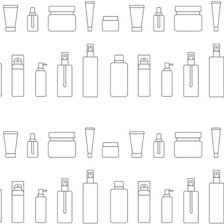 Cosmetic product package icon seamless pattern - bottle, jar, plastic container for beauty industry. Vector stock illustration outline with abstract background for web design, packaging, spa.のイラスト素材