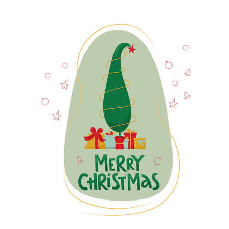 Merry Christmas handwritten lettering sign with Grinch tree and gift boxes. Vector stock illustration isolated on white background for template design Christmas sale, greeting card, invitation.のイラスト素材